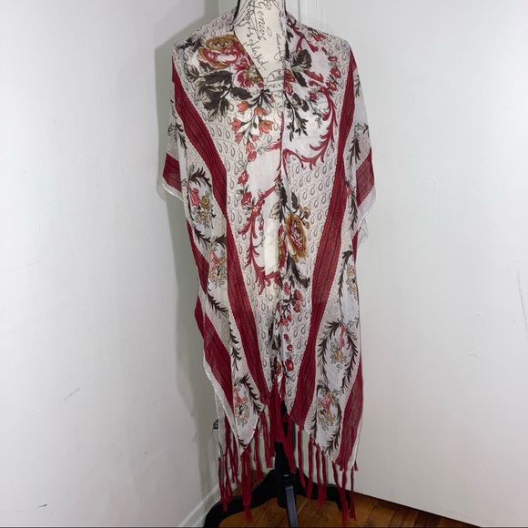 Janice Other - Floral Vase Botanical Flowers Print Sheer Cover Up with Fringe Red Stripes NWT